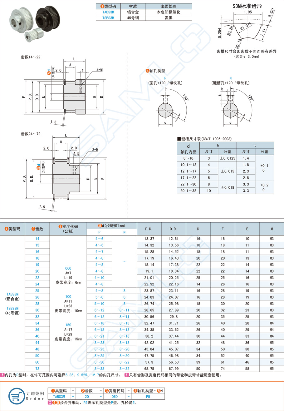 高扭矩同步帶輪,凸肩型,S3M同步輪